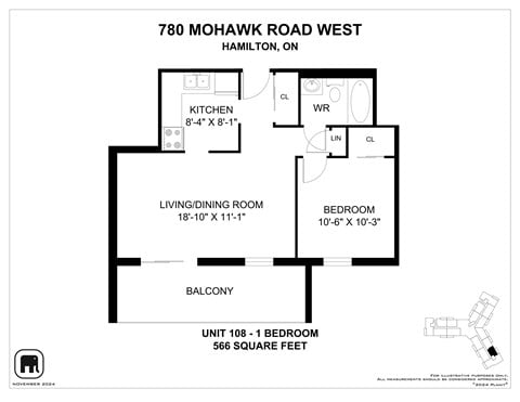 Floor plan for 1 bed, 1 bath, 548 sqft